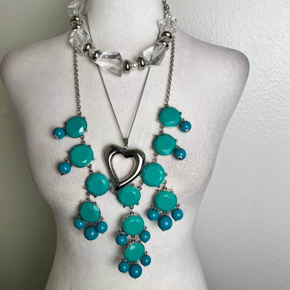 Silver Tone Jewelry Lot Teal Statement Necklace Heart Pendant Bangle Earrings